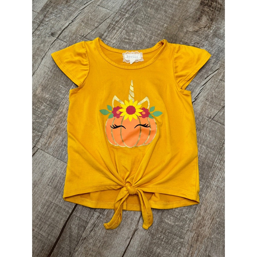 Toddler Girls Mustard Yellow Pumpkin‎ Unicorn Tie Front Shirt 3T Fall Halloween